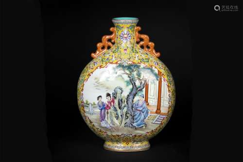 A CHINESE PORCELAIN YELLOW GLAZE FLOWER FIGURE AND STORY MOON FLASK VASE