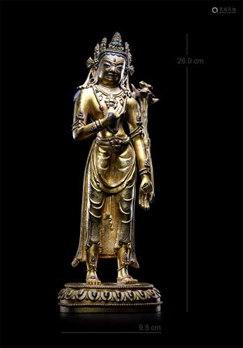 A CHINESE GILT BRONZE GEM STONE INLAID TARA BUDDHIST