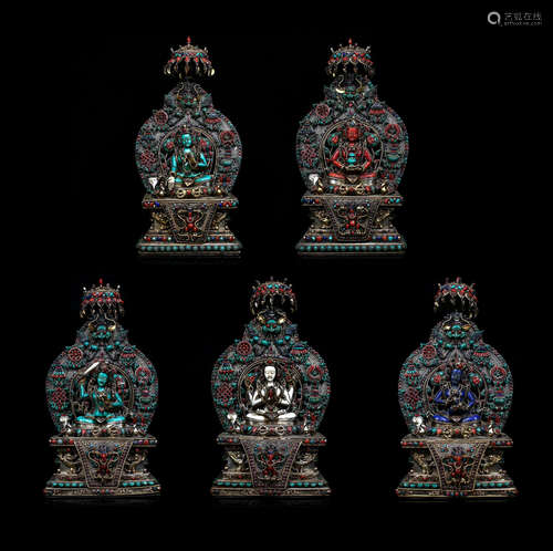 A SET OF CHINESE BRONZE GEM STONE INLAID GUANYIN BUDDHIST GUARDIAN