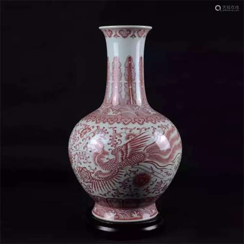 A CHINESE PORCELAIN RED UNDER GLAZE PHOENIX FIGURES VIEWS VASE