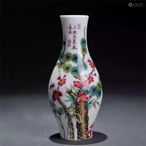 A CHINESE PORCELAIN FAMILLE ROSE CRANE BAMBOO FLOWER VASE