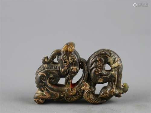 A CHINESE ANCIENT JADE CARVED DRAGON TABLE ITEM