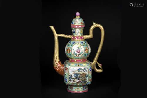 A CHINESE PORCELAIN FAMILLE ROSE FLOWER GOURD KETTLE