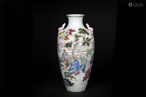 A CHINESE PORCELAIN FAMILLE ROSE FIGURE AND STORY DOUBLE HANDLE VASE