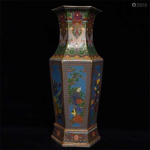 A CHINESE ENAMEL FLOWER AND BIRD FIGURES HEXAGONAL VASE