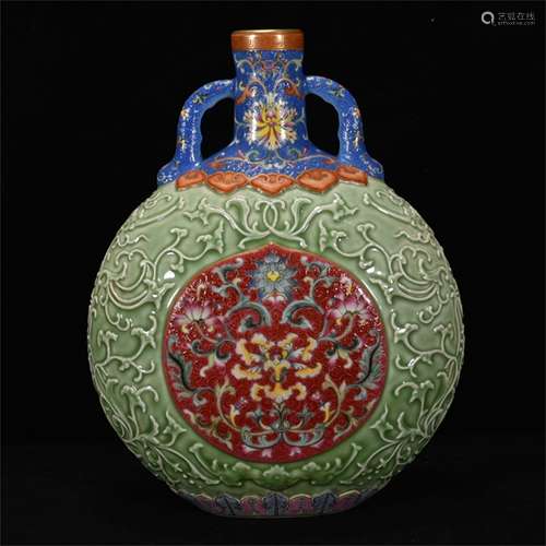 A CHINESE PORCELAIN CELADON GLAZE FLOWER MOON FLASK VASE