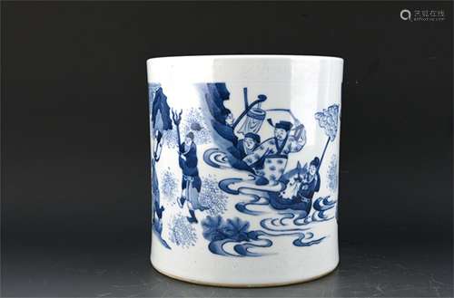 A CHINESE PORCELAIN BLUE AND WHITE FIGURE AND STORY BRUSH POT