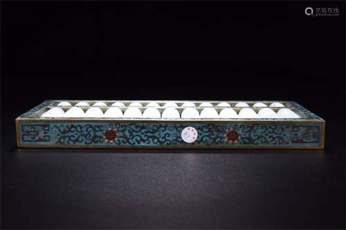 A CHINESE CLOISONNE INLAID WHITE JADE BEAD ABACUS