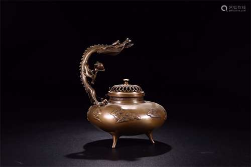 A CHINESE BRONZE DRAGON TRIPLE FEET LIDDED CENSER