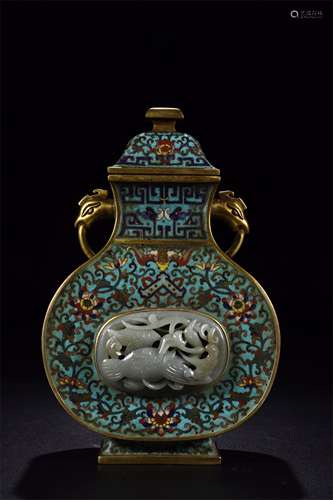 A CHINESE CLOISONNE INLAID WHITE JADE DOUBLE HANDLE VASE