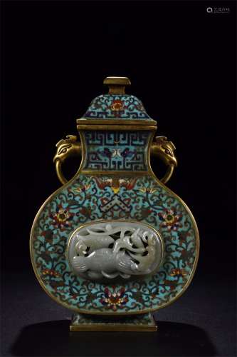 A CHINESE CLOISONNE INLAID WHITE JADE DOUBLE HANDLE VASE