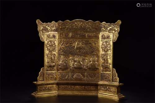 A CHINESE GILT BRONZE CARVED BUDDHAS TABLE SCREEN