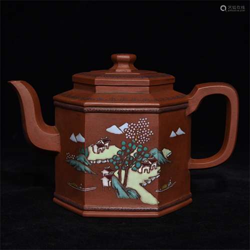 A CHINESE YIXING ZISHA CLAY HEXAGONAL TEA POT