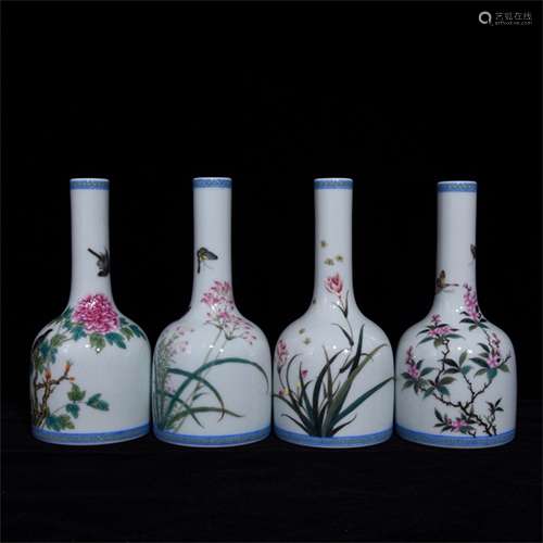 FOUR OF CHINESE PORCELAIN FAMILLE ROSE FLOWER BELLS CUP