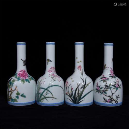 FOUR OF CHINESE PORCELAIN FAMILLE ROSE FLOWER BELLS CUP