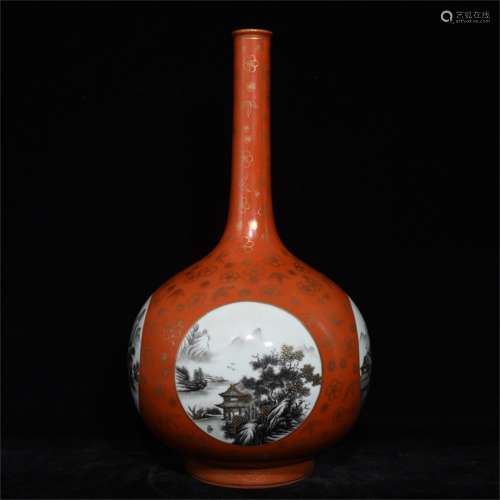 A CHINESE COPPER RED PORCELAIN MOUNTAIN FIGURES BOTTLE