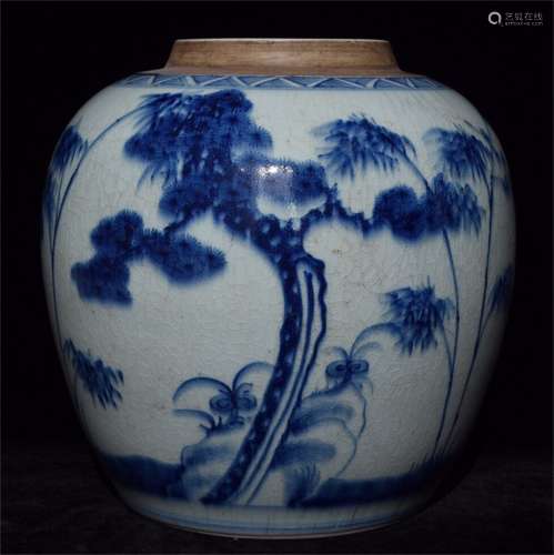 A CHINESE PORCELAIN BLUE AND WHITE CRANE BAMBOO JAR