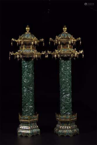 A PAIR OF CHINESE CLOISONNE INLAID SPINACH JADE INCENSE CAGES