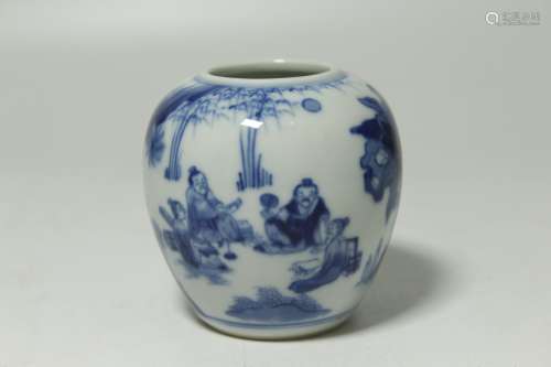 A CHINESE PORCELAIN BLUE AND WHITE FIGURE WITH STORY BRUSH WASHER