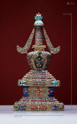 A FINE CHINESE GEM STONE INLAID BUDDHIST NICHE TOWER