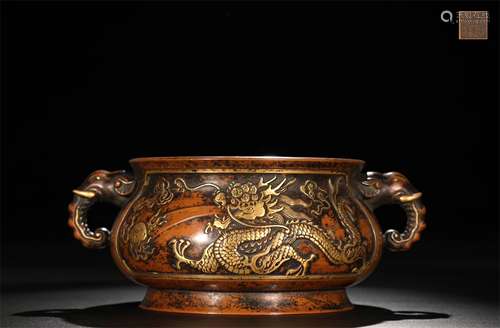 A CHINESE GILT BRONZE DRABON DOUBLE ELEPHANT HANDLE CENSER