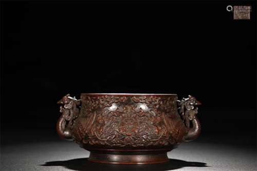 A CHINESE BRONZE FLOWER DOUBLE PHOENIX HANDLE CENSER