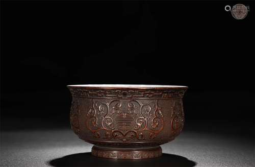 A CHINESE BRONZE CARVED FLOWER BOWL