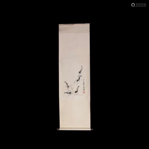 A CHINESE SCROLL PAINTING OF SHRIMPS BY QI BAISHI