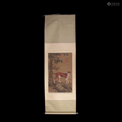 A CHINESE SCROLL PAINTING OF DOG BY LANG SHINING