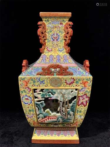 A CHINESE PORCELAIN FAMILLE ROSE CARVED SQUARE ZUN VASE