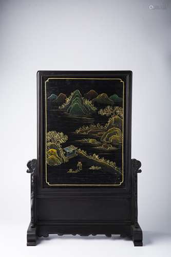 A CHINESE ZITAN/ROSEWOOD GEM STONE INLAID TABLE SCREEN