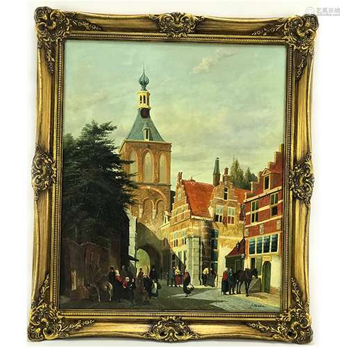 A FRAMED CITY PAINTING BY ALBERT HERKELMAN