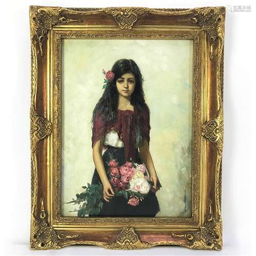 A FRAMED GIRL AND FLOWER PAINTING