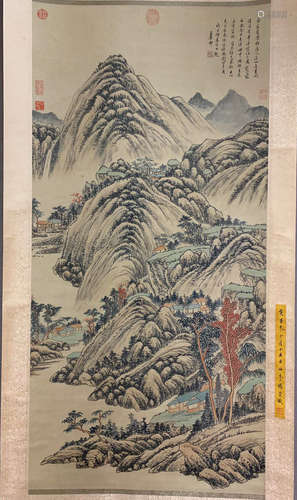 A CHINESE SCROLL PAINTING OF MOUNTAIN BY WANG YUANQI