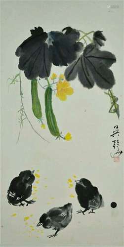 A CHINESE SCROLL PAINTING OF CHICKS