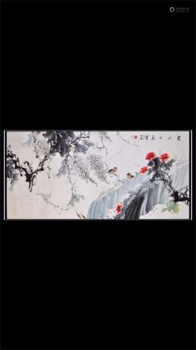 A CHINESE SCROLL PAINTING OF FLOWER AND BIRD BY QIAN XINGJIAN