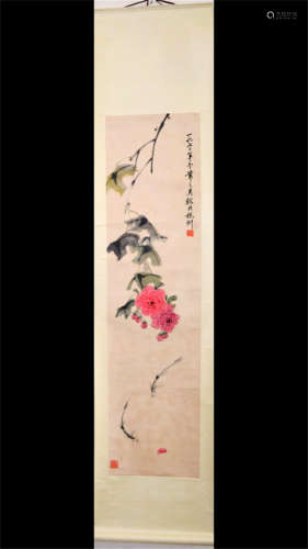 A CHINESE SCROLL PAINTING OF FLOWER BY WU FUZHI