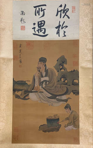 A CHINESE SCROLL PAINTING OF SCHOLAR ROCK BY CHEN HONGSHOU