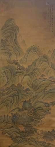 A CHINESE SCROLL PAINTING OF MOUNTAIN VIEWS WITH CALLIGRAPHY