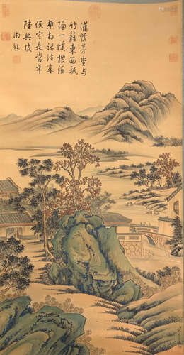 A CHINESE SCROLL PAINTING OF MOUNTAIN VIEWS WITH CALLIGRAPHY