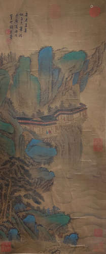 A CHINESE SCROLL PAINTING OF MOUNTAIN VIEWS WITH CALLIGRAPHY