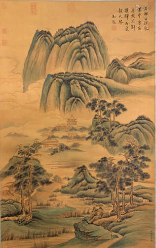 CHINESE SCROLL PAINTING OF MOUNTAIN VIEWS WITH CALLIGRAPHY