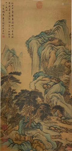 CHINESE SCROLL PAINTING OF MOUNTAIN VIEWS WITH CALLIGRAPHY BY QIAN WEICHENG