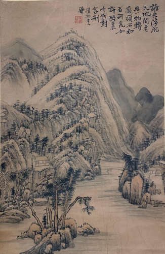 CHINESE SCROLL PAINTING OF MOUNTAIN VIEWS WITH CALLIGRAPHY BY SHI TAO