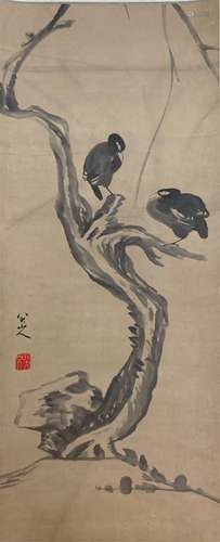 A CHINESE SCROLL PAINTING OF BIRD AND THREE  BY BA DA SHANREN