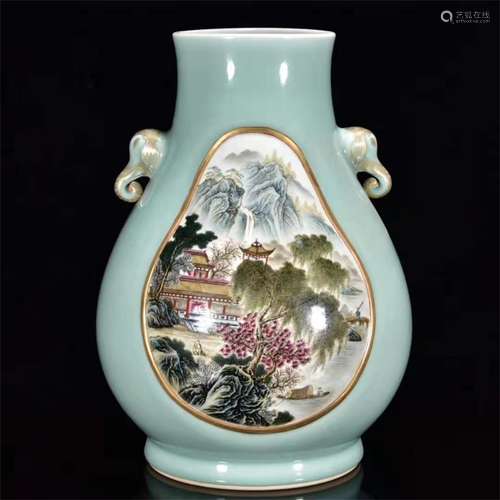 A CHINESE PORCELAIN CELADON GLAZE MOUNTAIN DOUBLE HANDLE VASE