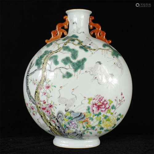 A CHINESE PORCELAIN  FAMILLE ROSE CRANE AND PINE  MOON FLASK VASE