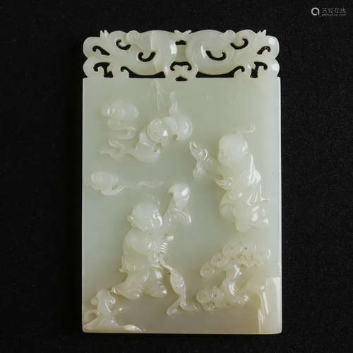 A CHINESE HETIAN JADE CARVED BOY PLAYING PLAQUE