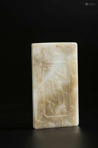 A CHINESE HETIAN JADE CARVED OLD MAN SQUARE PENDANT