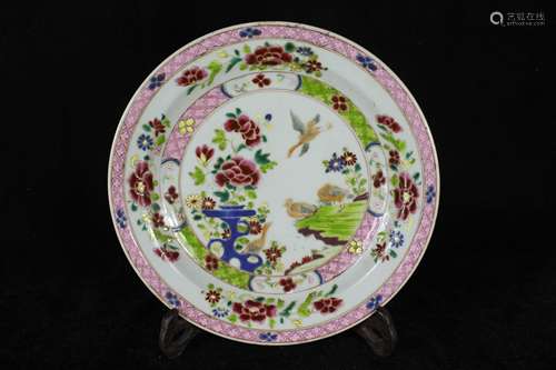 A CHINESE PORCELAIN  FAMILLE ROSE FLOWER AND BIRD PLATE